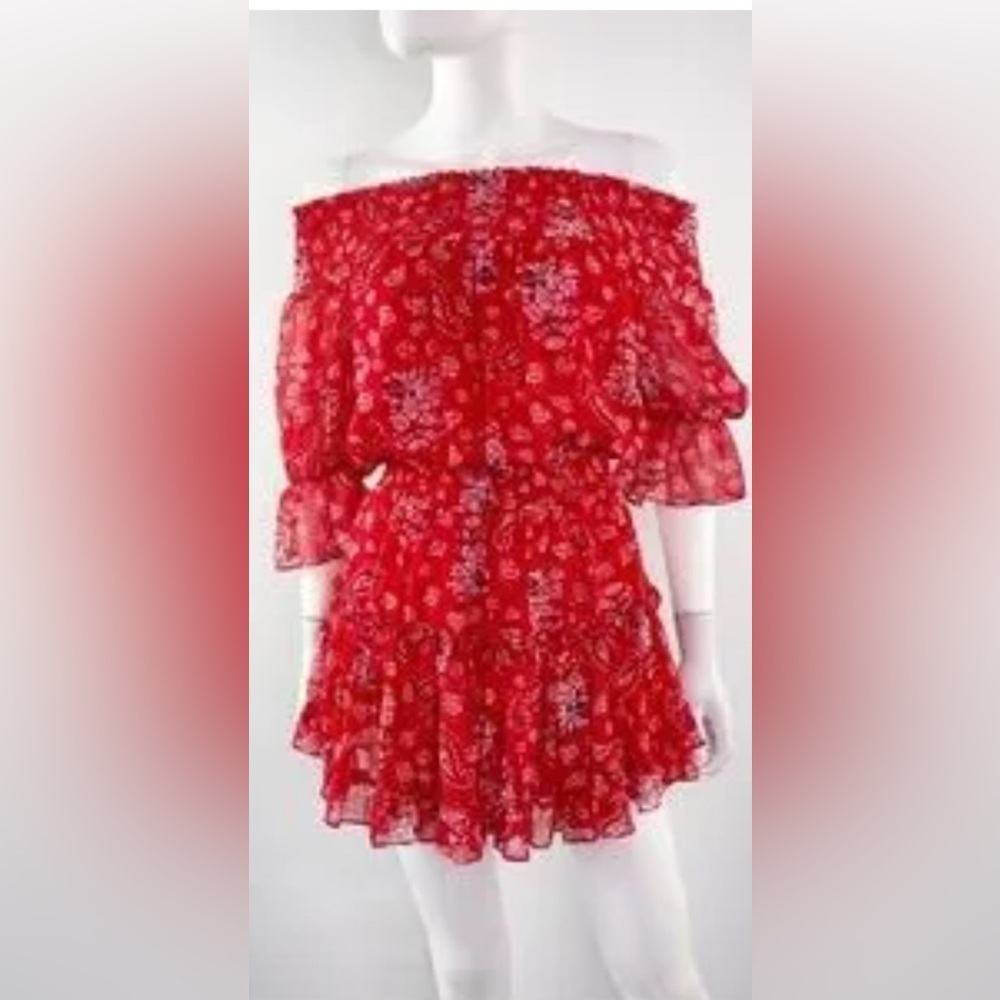 MISA Los Angeles - Off Shoulder Red Print
Smocked Waist Mini Dress Small
